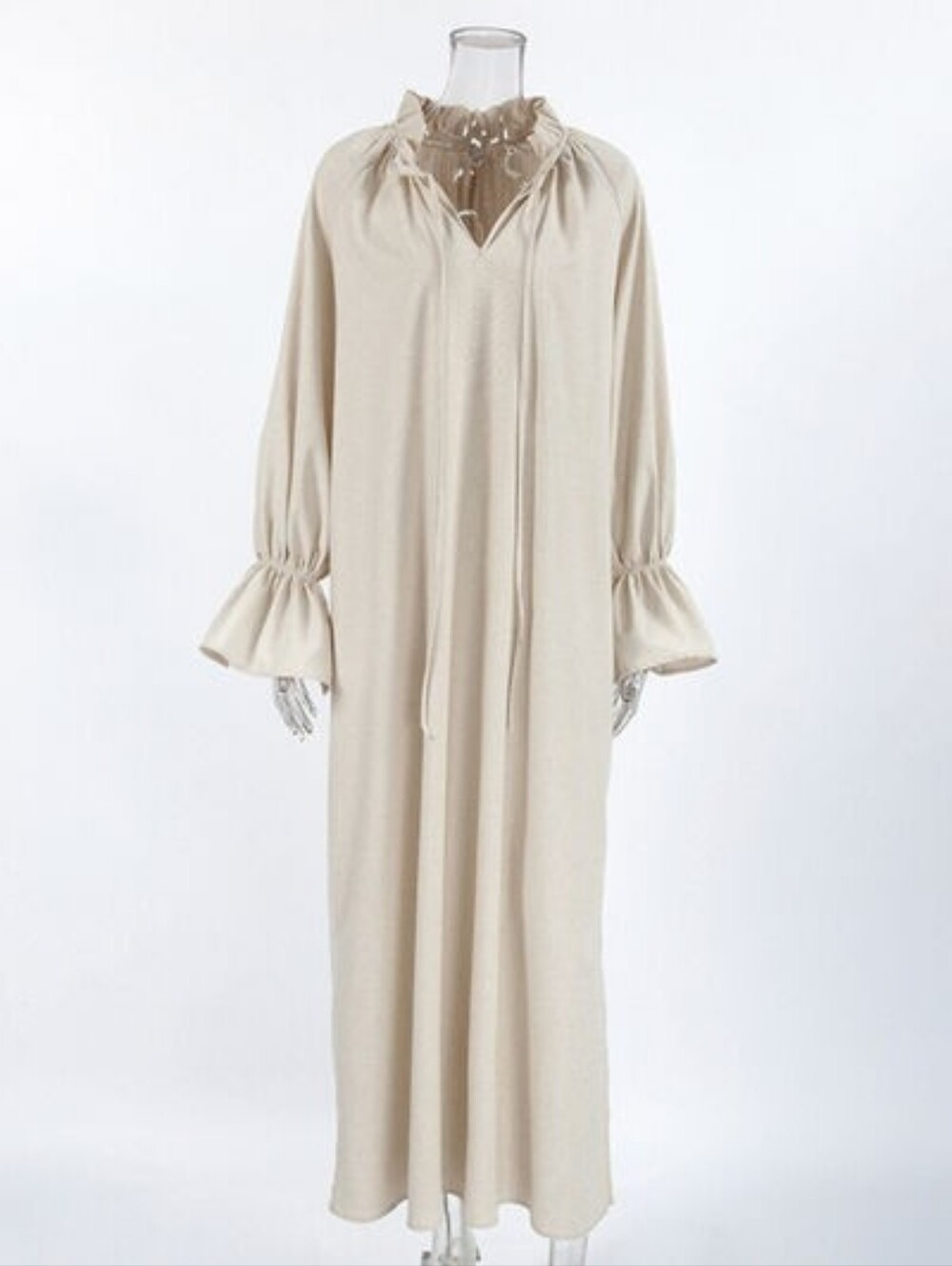 Women's Cream Long Sleeve Ruffle Cuff Dress with Burgundy Belt - Picture 4 of 8